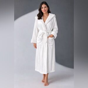 Pottery Barn Plush Spa Robe Hooded Teddy Faux Fur Trim Belted Bathrobe Large